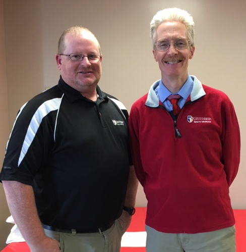 Steve Hicks, left, coordinator of the Twin Tiers Sports Post-Concussion Support Group, celebrates the fifth anniversary of the group in November 2015 with Dr. Donald Phykitt of Guthrie Sports Medicine.